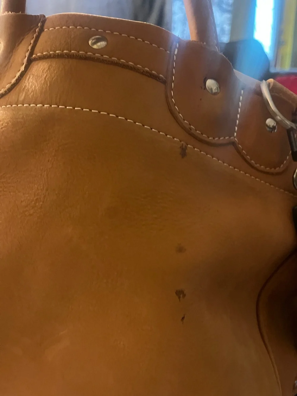 J. Peterman Tan Leather Shoulder Bag with White Stitching